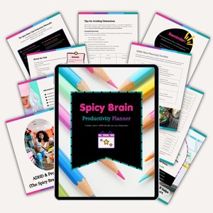 Puede incluir: Un planificador de productividad digital titulado "Spicy Brain" con un borde negro y l&aacute;pices de colores. El planificador incluye p&aacute;ginas con texto e im&aacute;genes, como "Consejos para evitar distracciones" y "Lista de verificaci&oacute;n de planificaci&oacute;n de comidas para el TDAH".