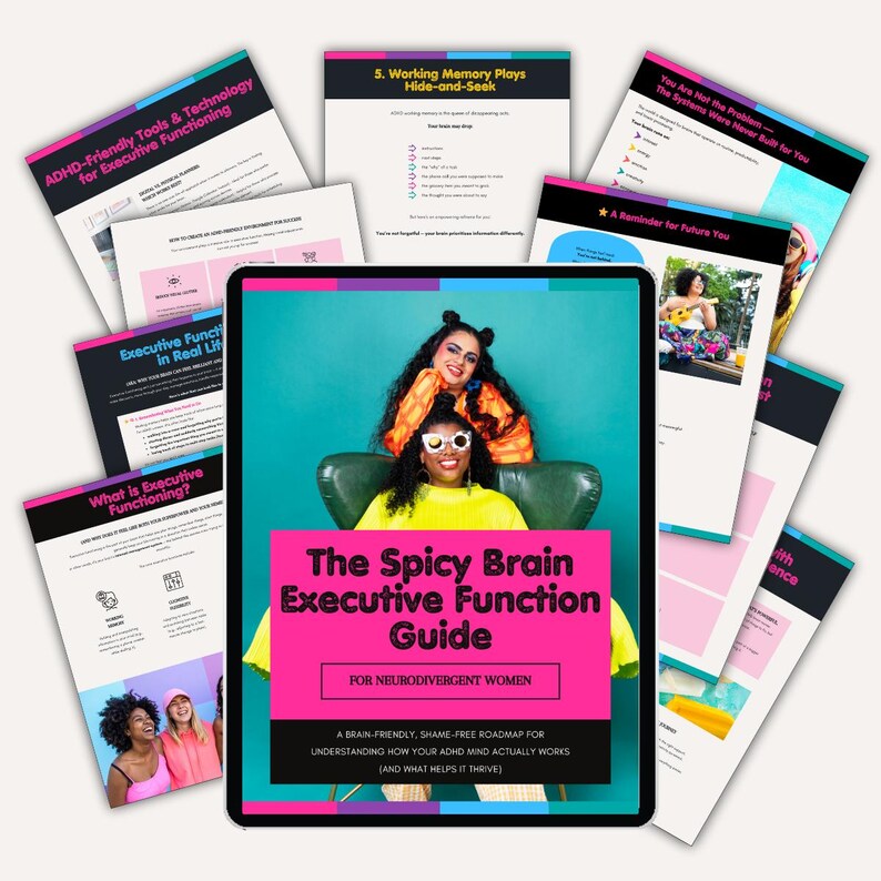 Puede incluir: Una tableta muestra "The Spicy Brain Executive Function Guide" con el lema "For Neurodivergent Women". Varias p&aacute;ginas rodean la tableta, con t&iacute;tulos como "ADHD-Friendly Tools & Technology" y "Working Memory Plays Hide-and-Seek".
