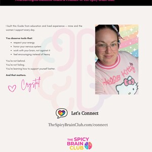 Puede incluir: Gr&aacute;fico promocional con el texto &laquo;From Me to You&raquo; y &laquo;Neurodivergent Business Coach & Founder of The Spicy Brain Club&raquo;. Incluye una foto de una mujer con una camiseta rosa de Hello Kitty. El gr&aacute;fico tambi&eacute;n presenta un llamado a la acci&oacute;n: &laquo;Let's Connect&raquo;.