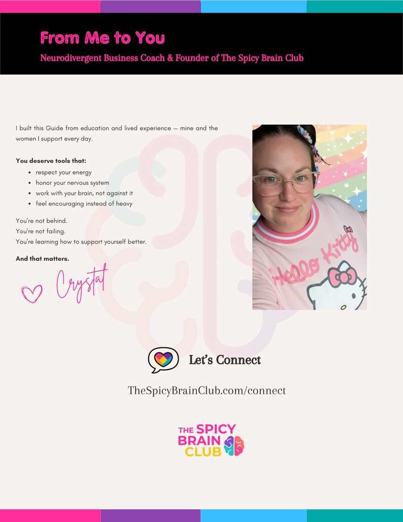 Puede incluir: Gr&aacute;fico promocional con el texto &laquo;From Me to You&raquo; y &laquo;Neurodivergent Business Coach & Founder of The Spicy Brain Club&raquo;. Incluye una foto de una mujer con una camiseta rosa de Hello Kitty. El gr&aacute;fico tambi&eacute;n presenta un llamado a la acci&oacute;n: &laquo;Let's Connect&raquo;.