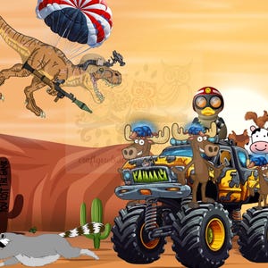 Puede incluir: Una ilustración de dibujos animados de un camión monstruo con un pato, un alce y una vaca montando en él. El camión es amarillo y negro con un diseño de calavera y huesos cruzados. El fondo es una escena de desierto con un cactus y un dinosaurio volando en el aire.