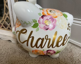 piggy bank hand painted personalized charlees cranberry floral