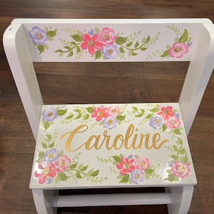 personalized chair flip step stool delicate pink and lavendar floral burst