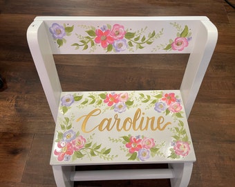 personalized chair flip step stool delicate pink and lavendar floral burst