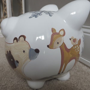 piggy bank hand painted personalized beige and grey bailey bear woodland