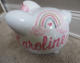 personalized piggy bank boho hearts and rainbows