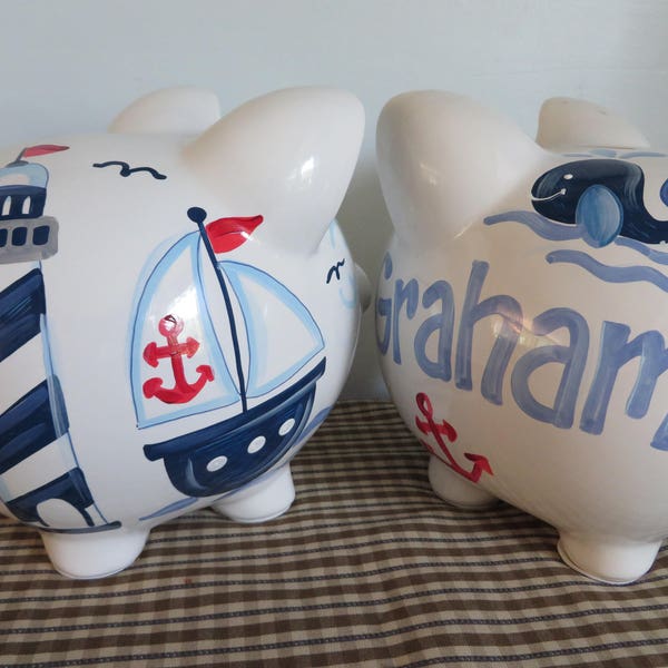 personalized hand painted personalized piggy bank nautical lighthouse