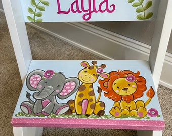 personalized chair step flip stool pink floral happy animal safari elephant lion giraffe