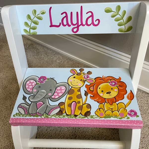 personalized chair step flip stool pink floral happy animal safari elephant lion giraffe