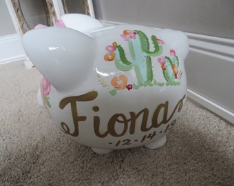 hand painted personalized piggy bank gold cactus llama floral