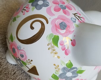 piggy bank hand painted personalized pink and silver and gold initial wild child floral