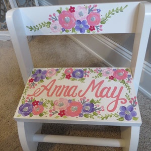 personalized chair step flip stool name floral pink purple and silver