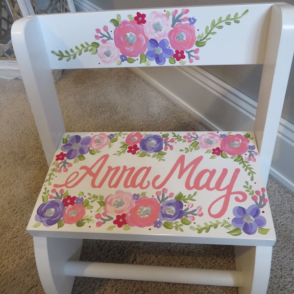 personalized chair step flip stool name floral pink purple and silver