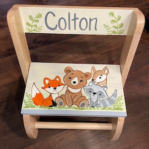 personalized chair step flip stool beige floral happy woodland creatures deer