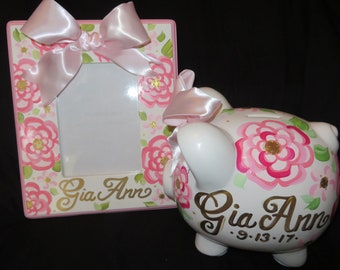 piggy bank hand painted personalized hot pink and gold delicate fun floral