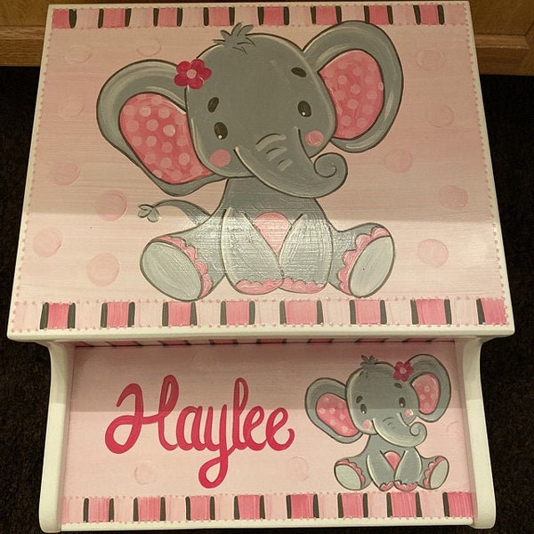 personalized storage step stool pink and grey happy elephant