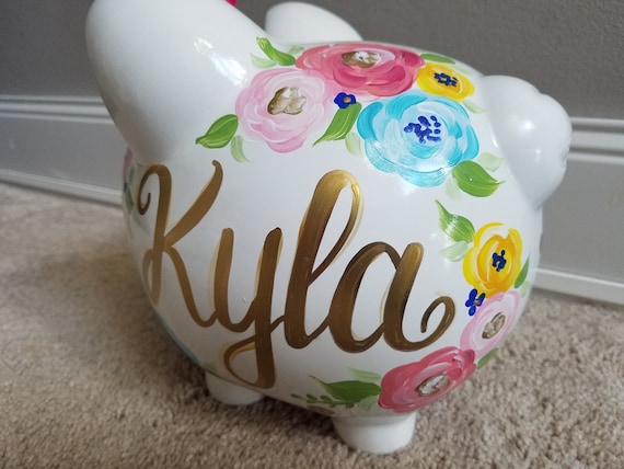 Piggy bank hand painted personalized pink and silver initial | Etsy