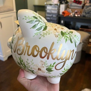piggy bank hand painted personalized cream and gold floral burst