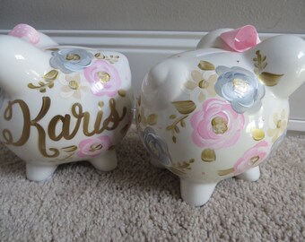 personalized piggy bank ink grey and gold muted florals