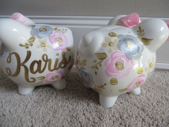 Personalized Piggy Bank Ink Grey and Gold Muted Florals
