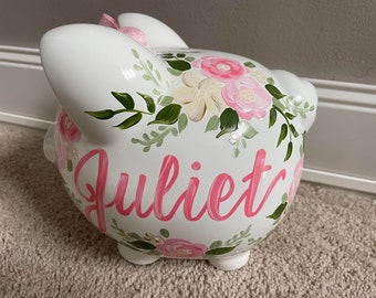 hand painted personalized piggy bank Juliets pink and gold floral burst