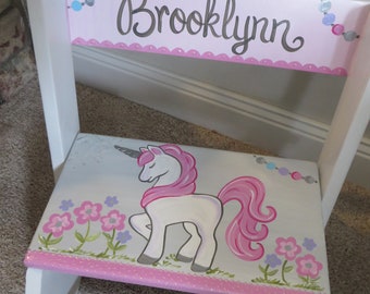 personalized chair step flip stool unicorn floral