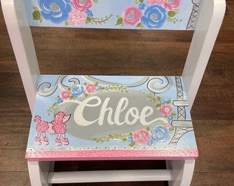 personalized chair step flip stool pink poodle in paris floral