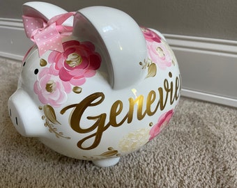 piggy bank hand painted personalized bright pink and gold floral