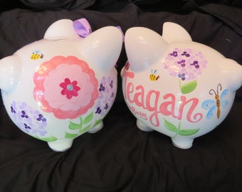 piggy bank personalized hand painted pink and lavendar garden fun