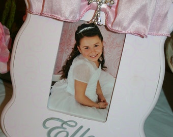 hand painted personalized first communion or christening picture frame couture pink on pink bling