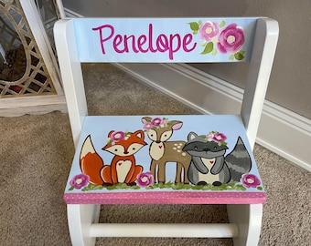 hand painted personalized Flip step stool penelopes woodland creatures