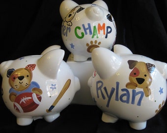 piggy bank hand painted personalized bow wow dog sports