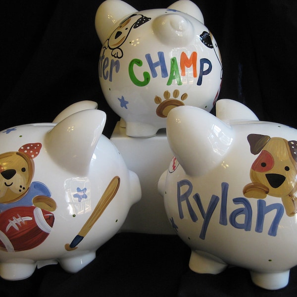 piggy bank hand painted personalized bow wow dog sports