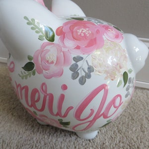 piggy bank hand painted personalized pink and cream emeri floral