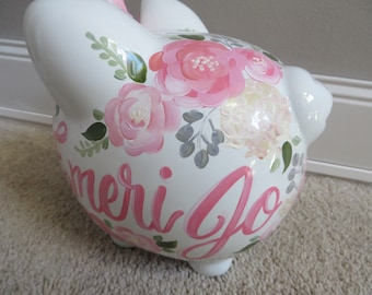 piggy bank hand painted personalized pink and cream emeri floral