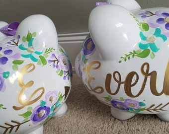 piggy bank hand painted personalized purple and turquoise wild child initial