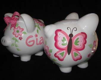 piggy bank hand painted personalized gia pink butterfly