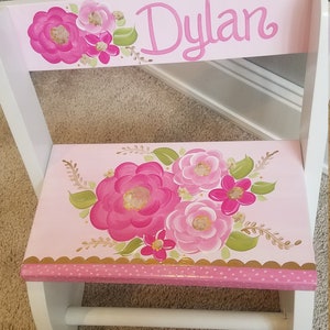 personalized chair flip step stool pink and gold florals