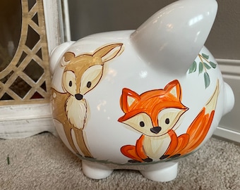 personalized piggy bank woodland deer racoon fox