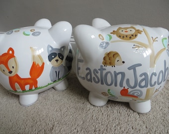 personalized piggy bank treetop woodland headgehog fox racoon bear