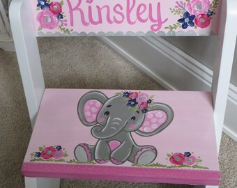 custom hand painted personalized chair flip step stool happy elephant floral