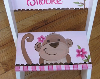 personalized chair step flip stool happy pink monkey