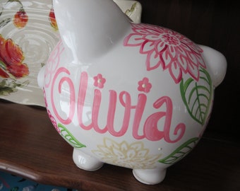 piggy bank hand painted personalized pink and beige fun big flower