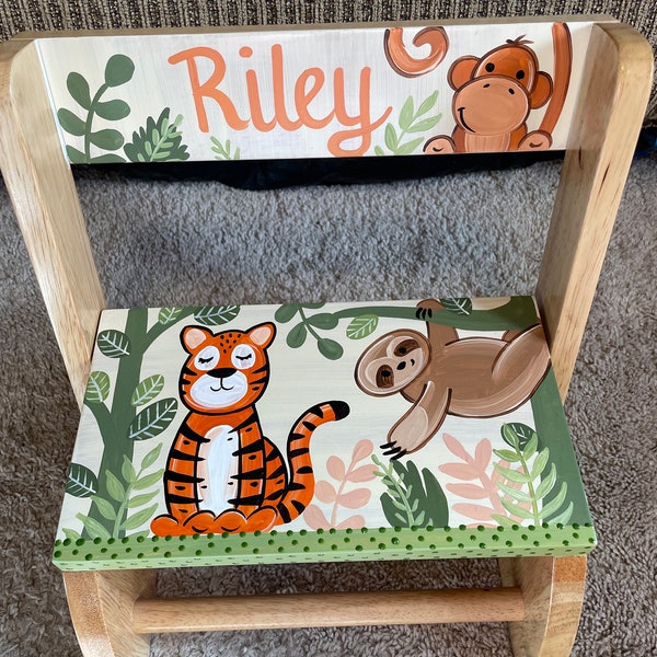 personalized chair step flip stool Rileys jungle lion
