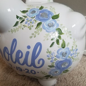custom hand painted personalized piggy bank blue delicate greenery floral
