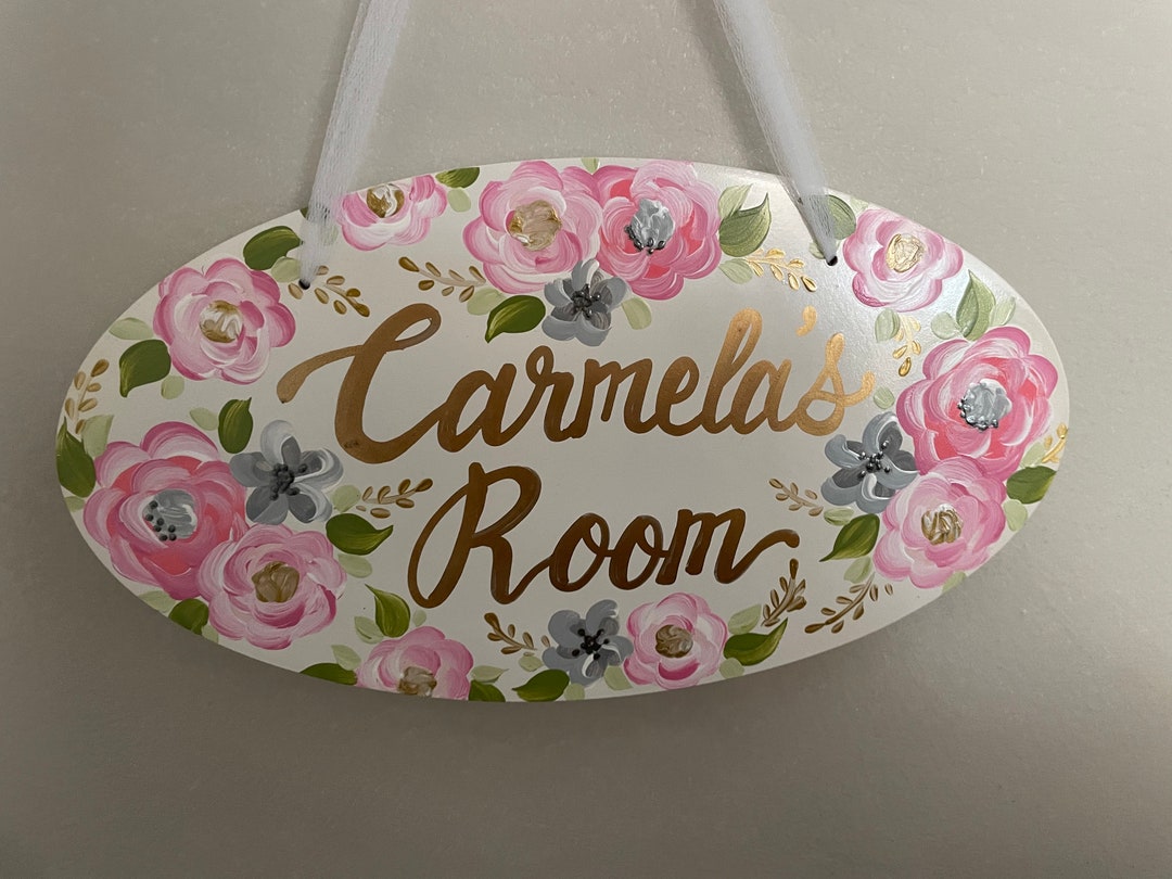 Hand Painted Personalized Door Room Sign Pink and Gold Floral - Etsy