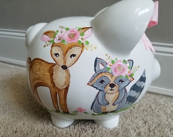 piggy bank hand painted personalized deer racoon owl floral