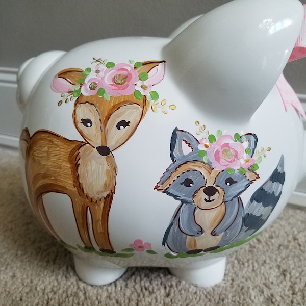 piggy bank hand painted personalized deer racoon owl floral