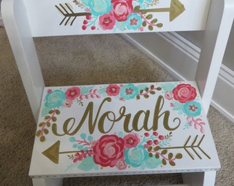 personalized chair step flip stool wild child pink coral and teal
