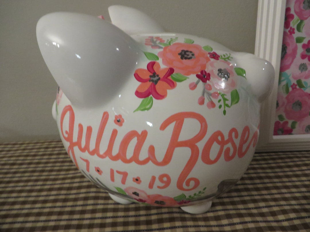Piggy Bank Hand Painted Personalized Pink and Silver Initial Wild Child